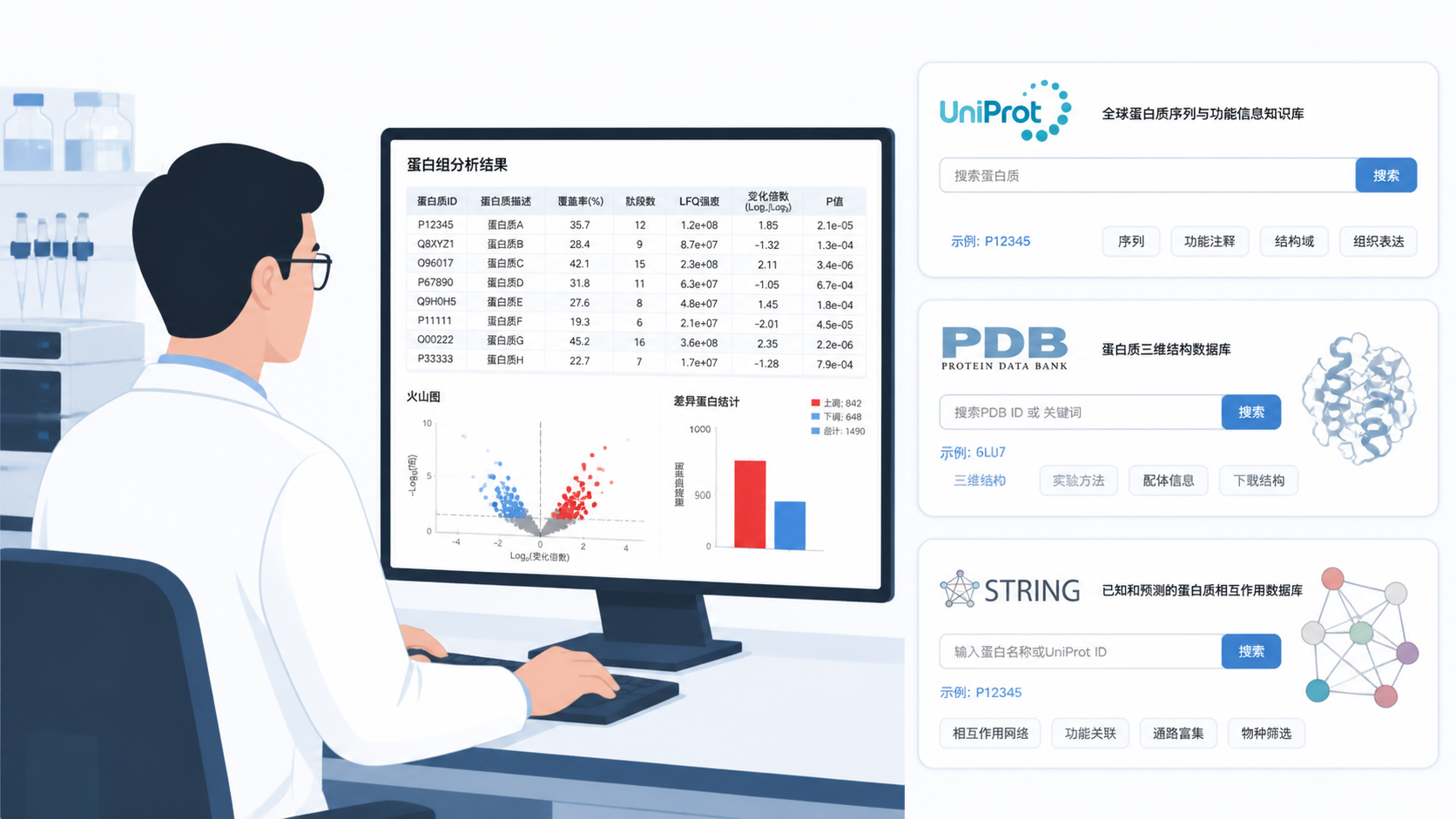 实验室研究人员在电脑前整理蛋白组数据表，旁边展示UniProt、PDB、STRING等数据库界面截图，突出“格式错误导致数据难以分析”的场景