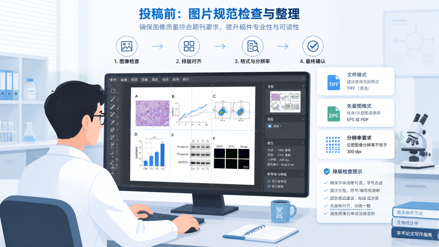 科研人员在电脑前检查论文图片分辨率、格式和拼图排版的场景，旁边展示TIFF、EPS、300 dpi等关键信息。