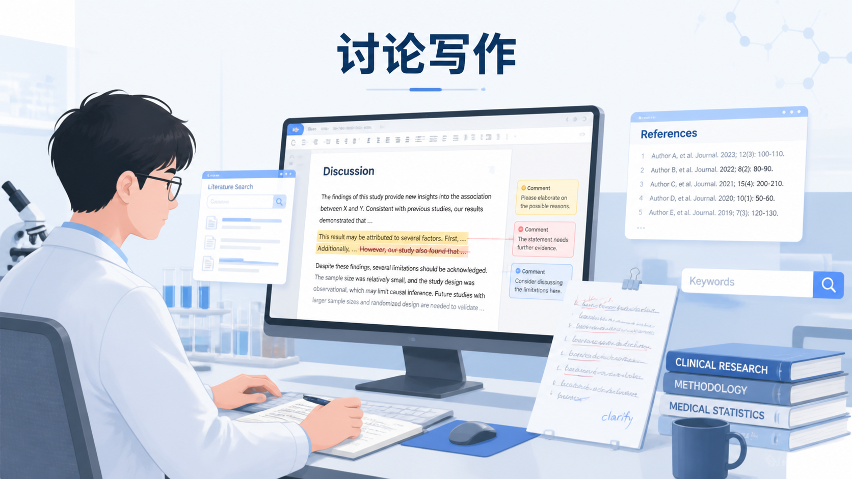 实验室场景中，研究生在电脑前修改SCI论文讨论部分，旁边有导师批注和文献检索界面，突出“讨论写作决定论文质量”的主题
