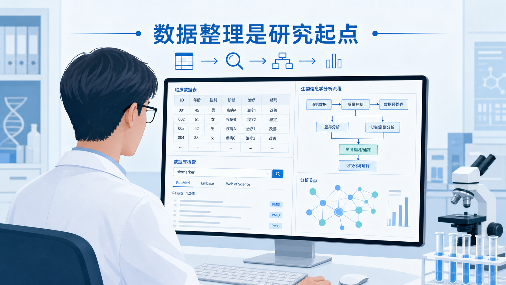 医学研究者在电脑前整理临床表格、数据库检索和生信分析流程图,强调“数据整理是研究起点”