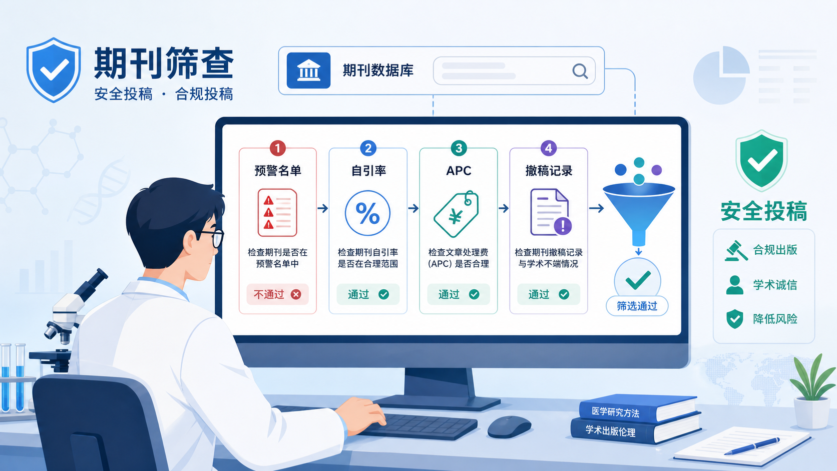 科研人员对照“预警名单”“自引率”“APC”“撤稿记录”进行期刊筛查的流程示意图，强调安全投稿与专业选刊