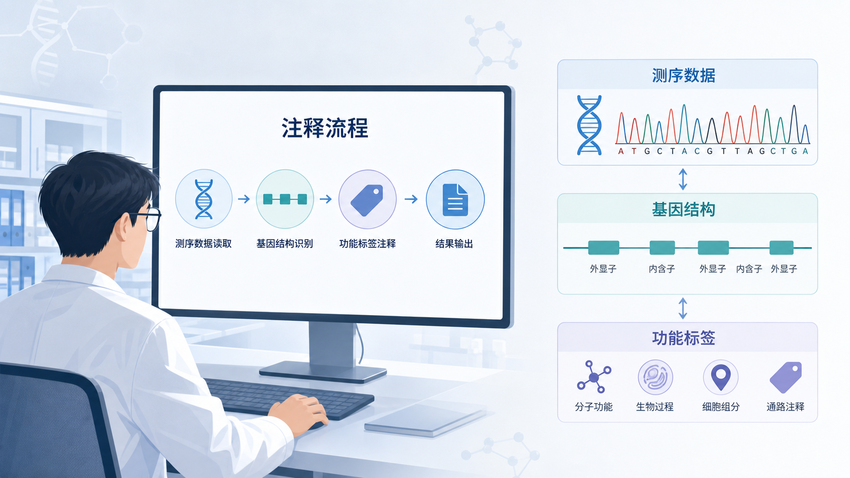 科研人员在电脑前查看基因组注释流程图，旁边展示测序数据、基因结构和功能标签的转化关系