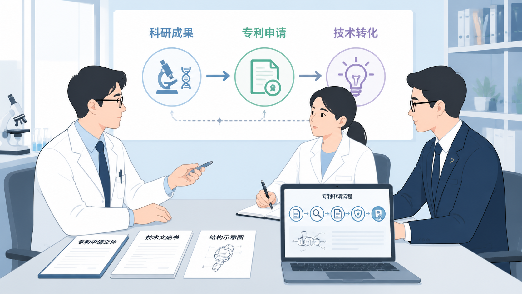 医生、科研人员与专利代理人围坐沟通，桌上摆放专利申请文件、结构示意图和电脑屏幕，体现“从科研成果到专利保护”的完成场景