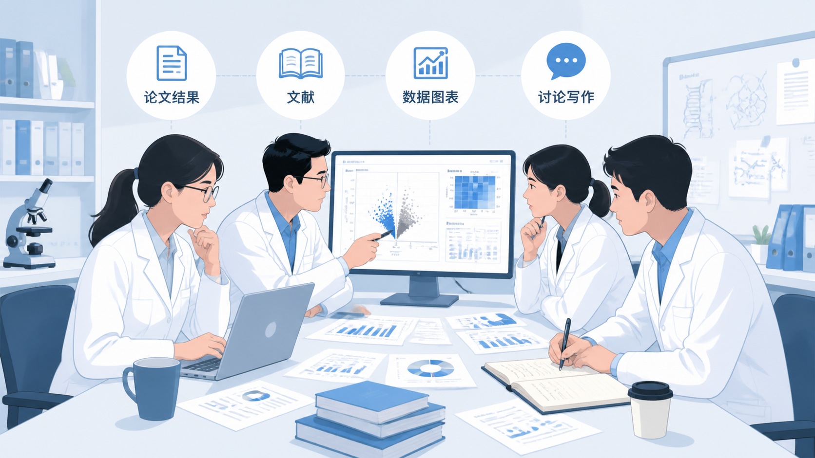 医学科研人员在电脑前对照论文结果、文献和数据图表,体现讨论写作场景