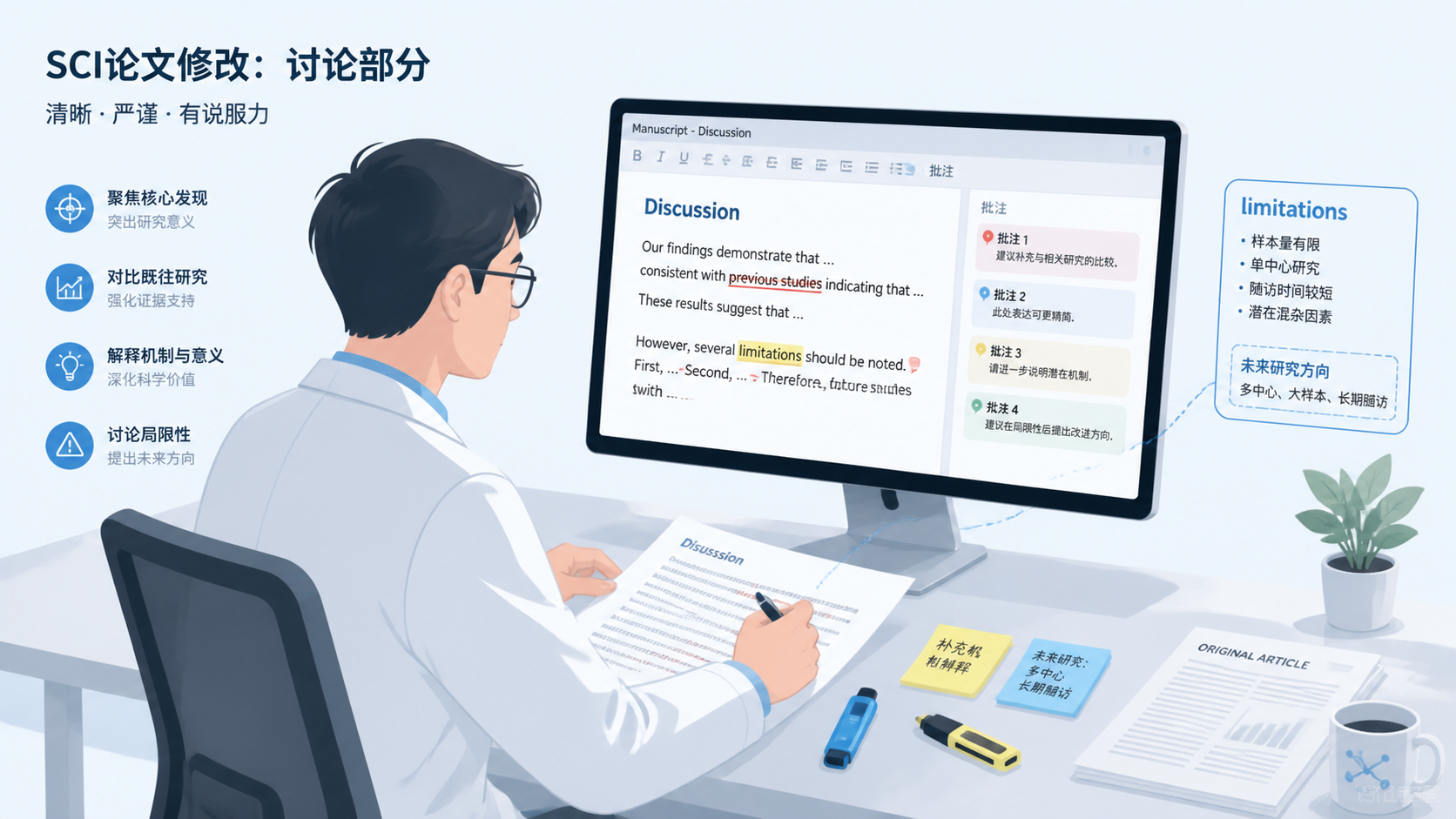 一位科研人员在修改SCI论文讨论部分，旁边有“limitations”标注和论文批注，画面专业简洁