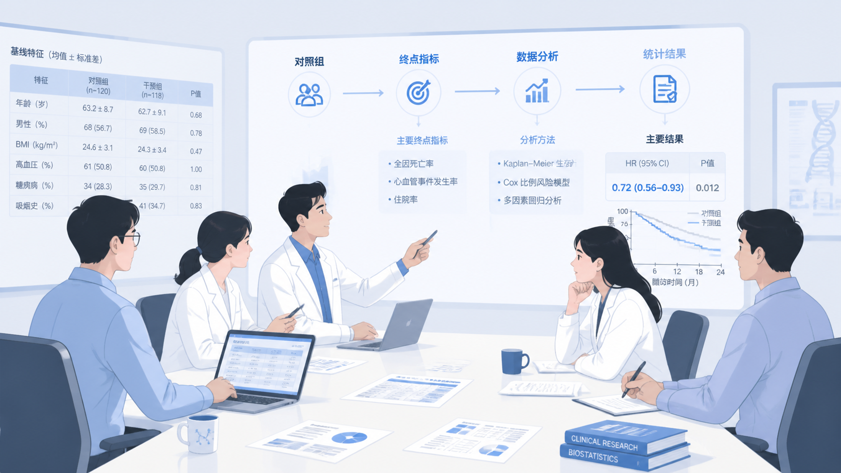 科研团队围绕数据表格和统计结果讨论，对照组、终点指标和分析流程以流程图形式展示。