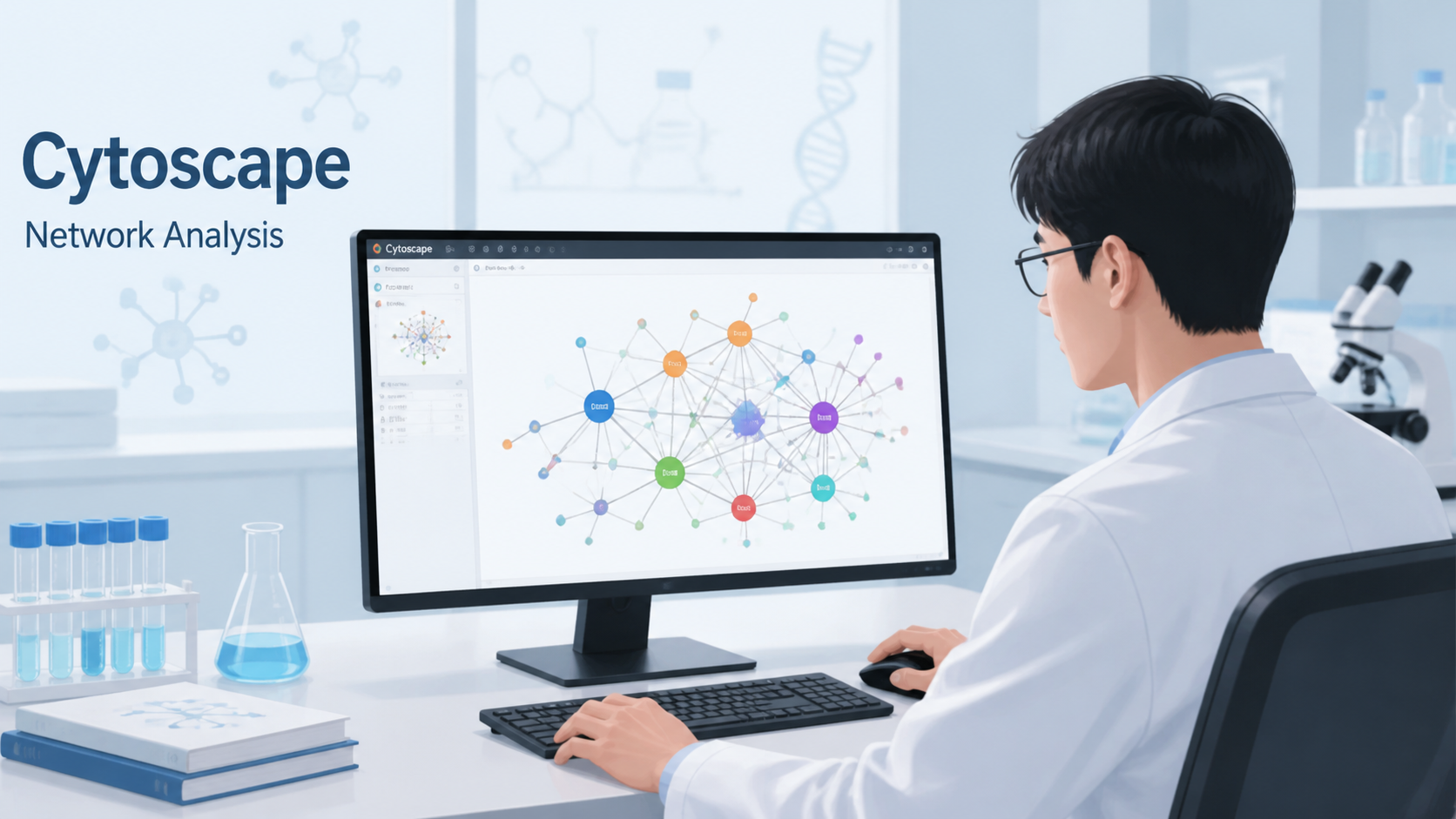 实验室研究人员在电脑前使用Cytoscape软件分析分子网络，屏幕展示网络节点和边的可视化图。