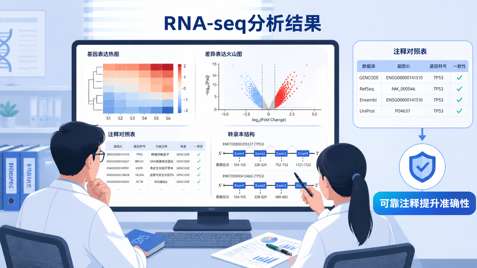 科研人员在电脑前查看RNA-seq分析结果、注释文件对照表和转录本结构示意图，强调“可靠注释提升分析准确性”。