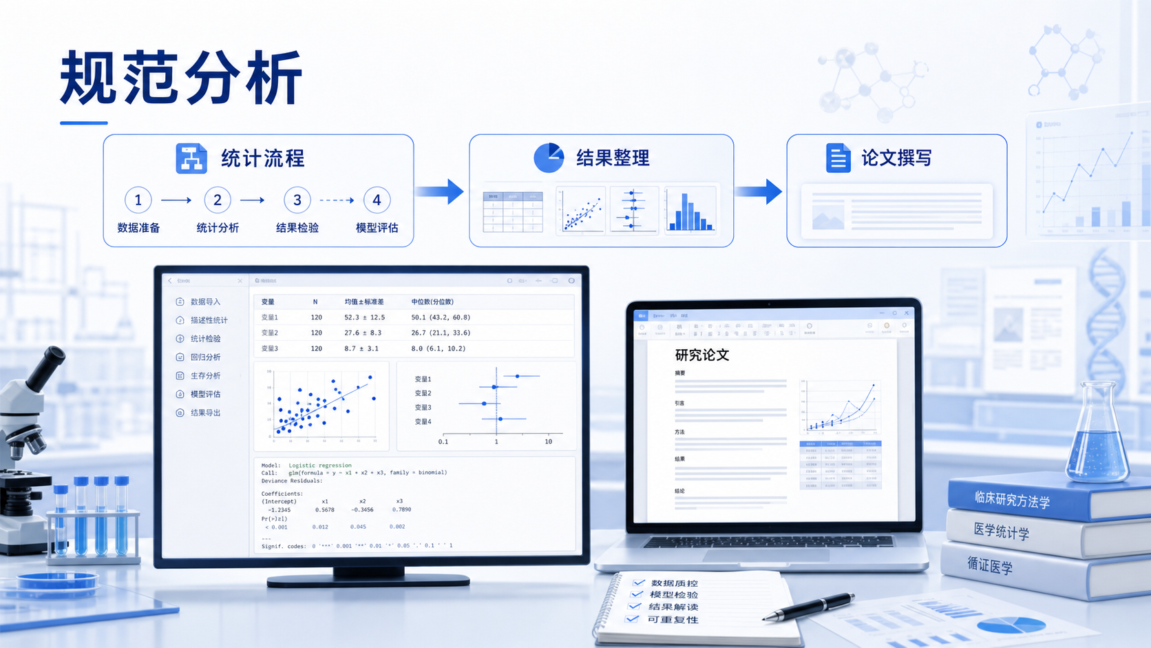 一张科研数据分析收尾场景图，展示统计流程图、软件界面和论文写作页面，突出“规范分析”。