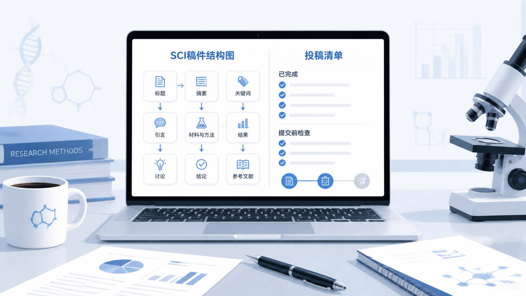 论文写作完成后的科研桌面，电脑屏幕显示SCI稿件结构图与投稿清单，体现专业写作与品牌服务支持
