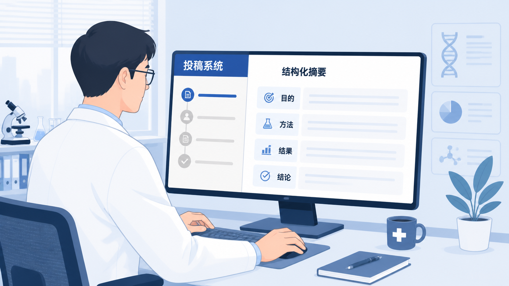 科研人员在电脑前修改摘要，旁边显示期刊投稿系统和结构化摘要模板