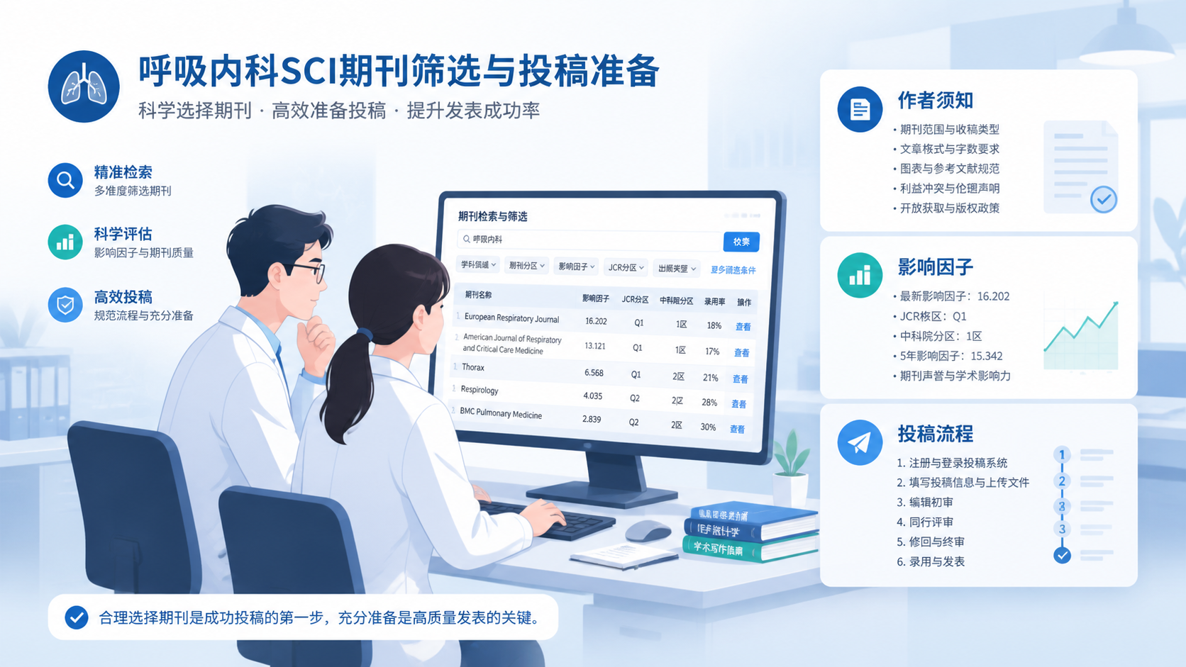 医学生和科研人员在电脑前筛选呼吸内科SCI期刊，旁边显示作者须知、影响因子和投稿流程的文档界面