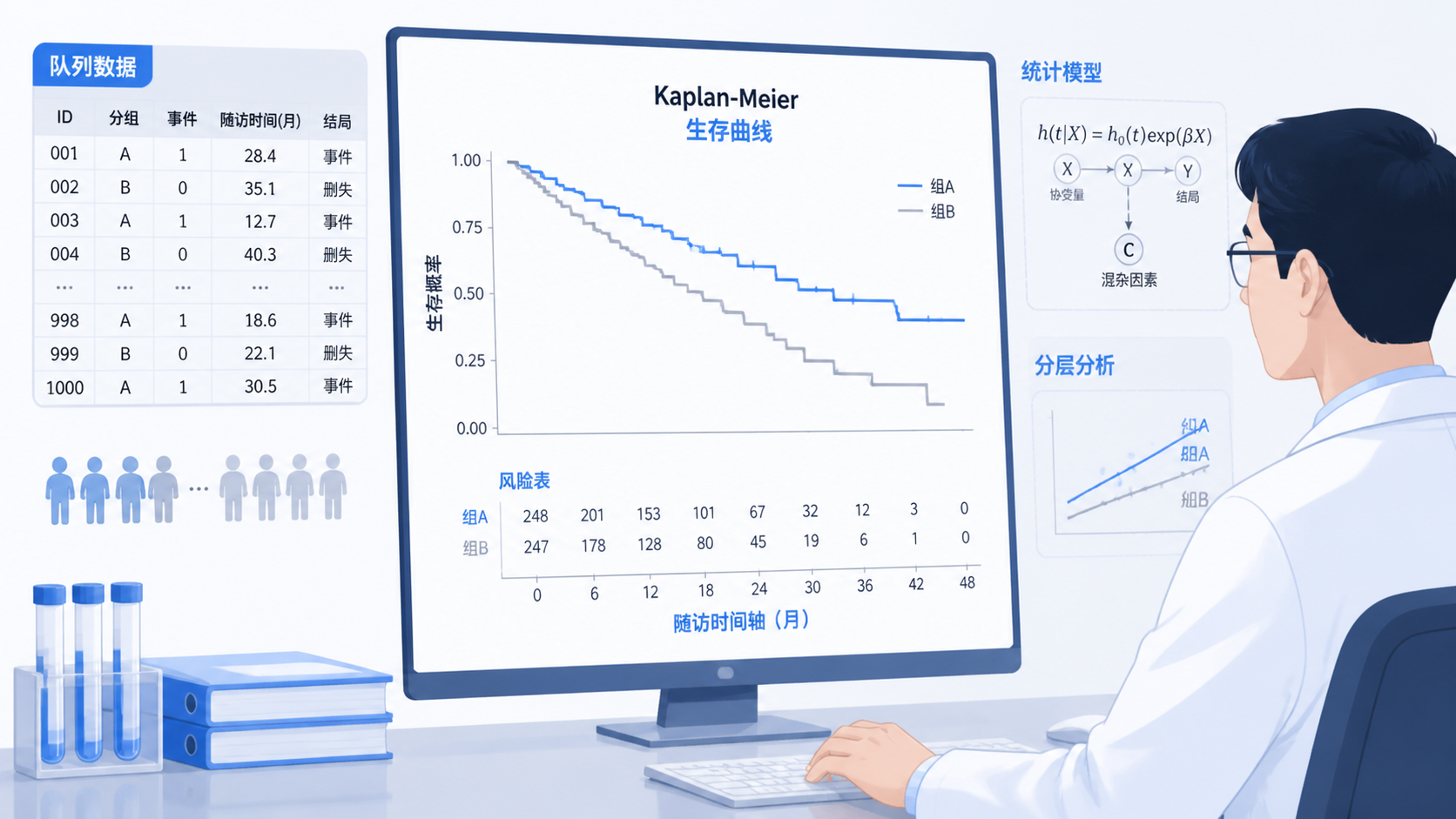 医学研究者在电脑前查看队列数据表和Kaplan-Meier生存曲线，背景有随访时间轴和统计模型示意图
