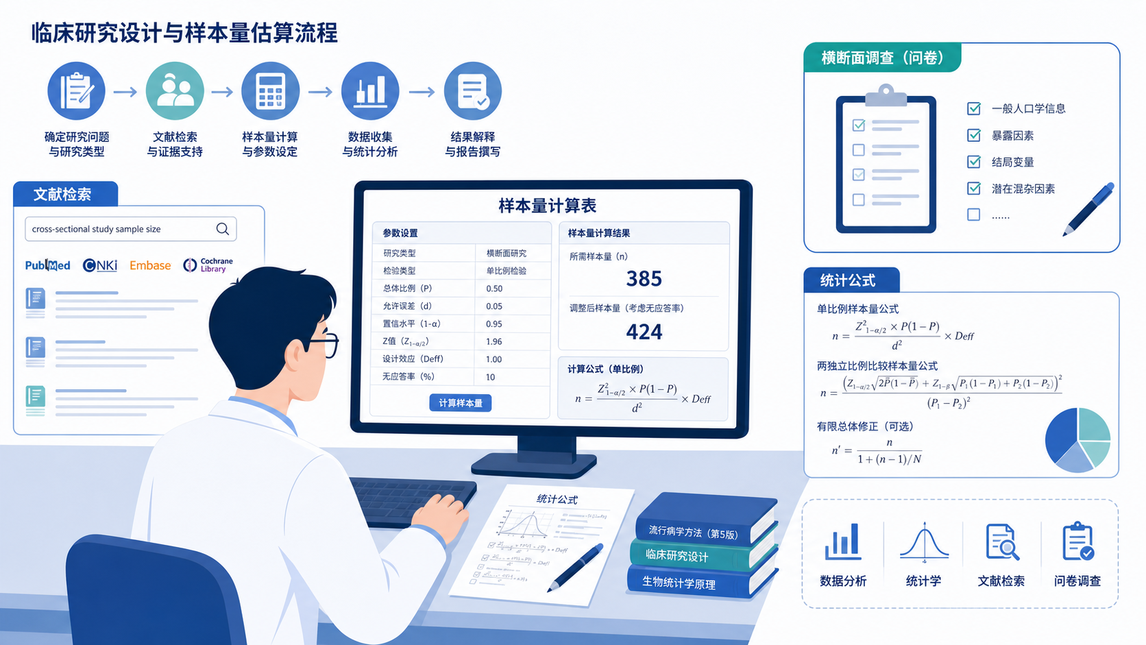 临床研究者在电脑前查看样本量计算表，旁边有横断面调查问卷、统计公式和文献检索界面