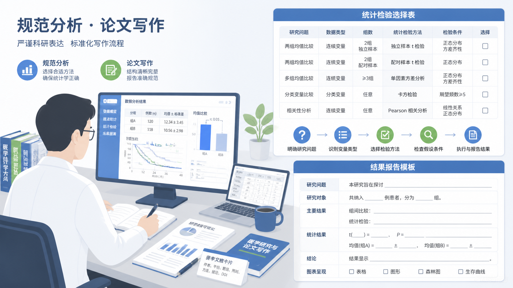 医学科研写作场景图，旁边配有统计检验选择表和论文结果报告模板，突出规范分析与写作。