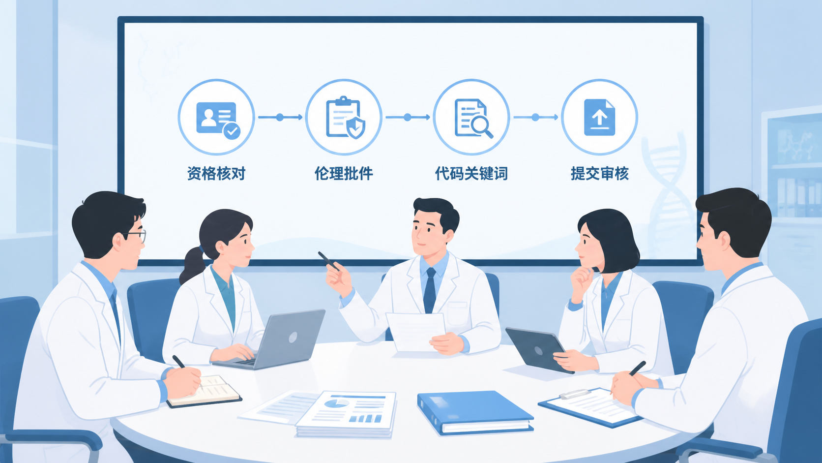 科研团队围坐讨论申报清单，屏幕上显示“资格核对、伦理批件、代码关键词、提交审核”等流程节点，突出规范化申报完成的场景。
