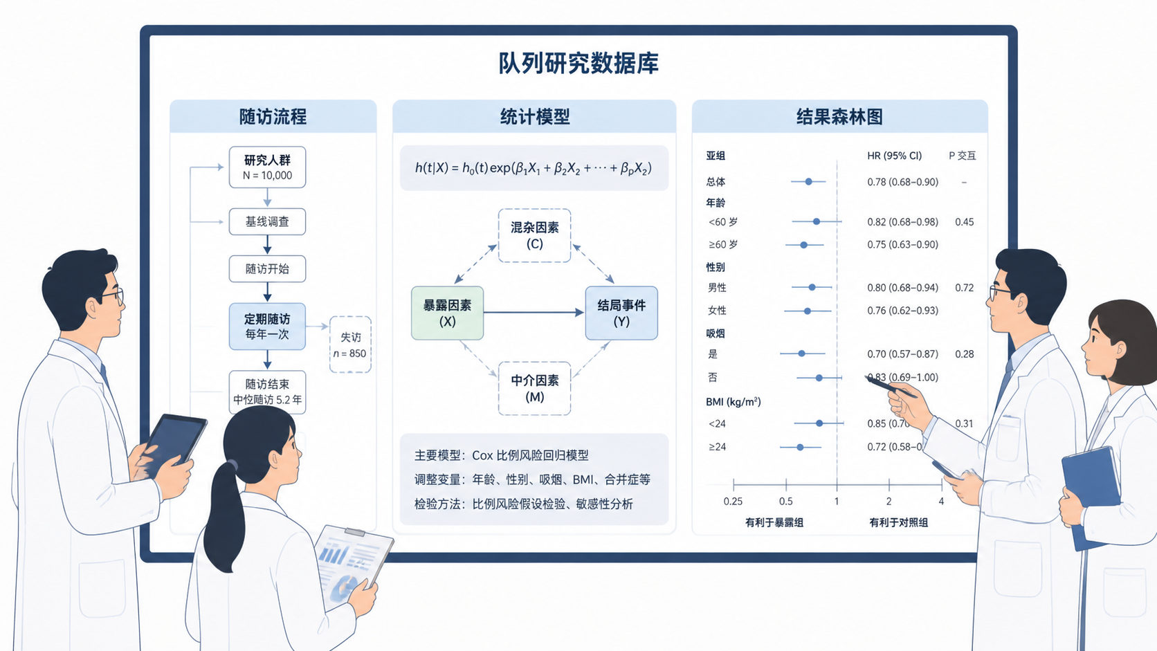 科研团队围绕队列研究数据库进行讨论，屏幕上显示随访流程、统计模型和结果森林图