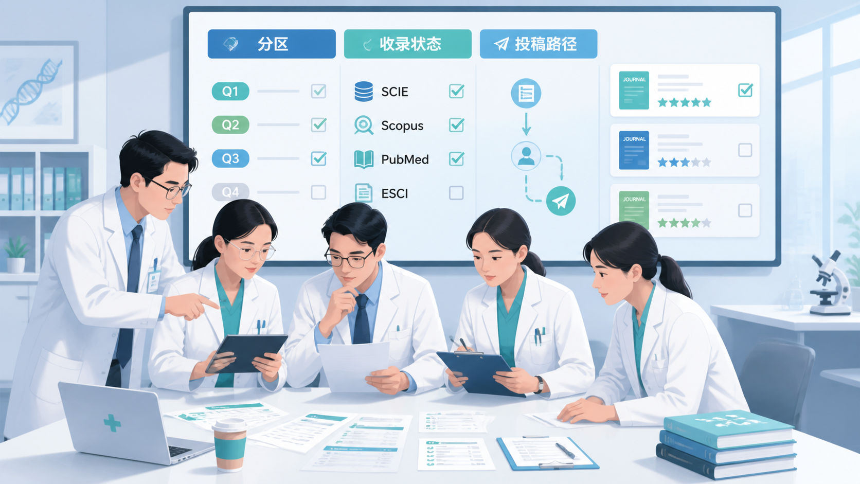 医学科研团队围绕期刊筛选清单讨论，屏幕上显示分区、收录状态和投稿路径的专业办公场景