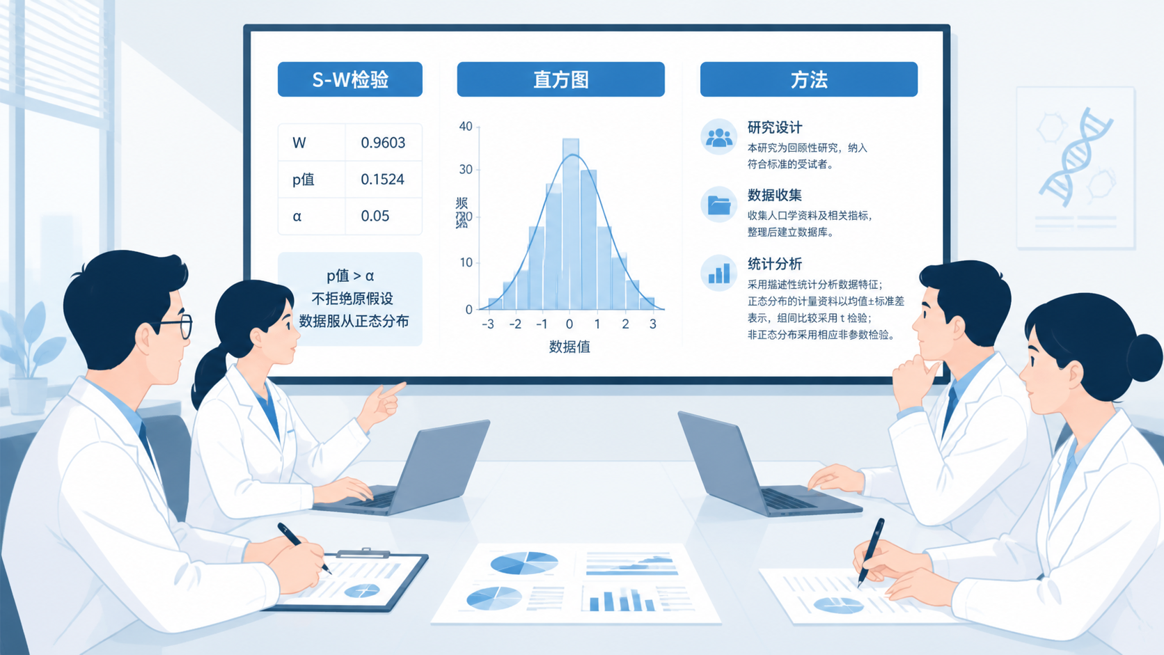 医学科研团队在会议室讨论统计结果，屏幕上显示S-W检验、直方图和论文方法部分。