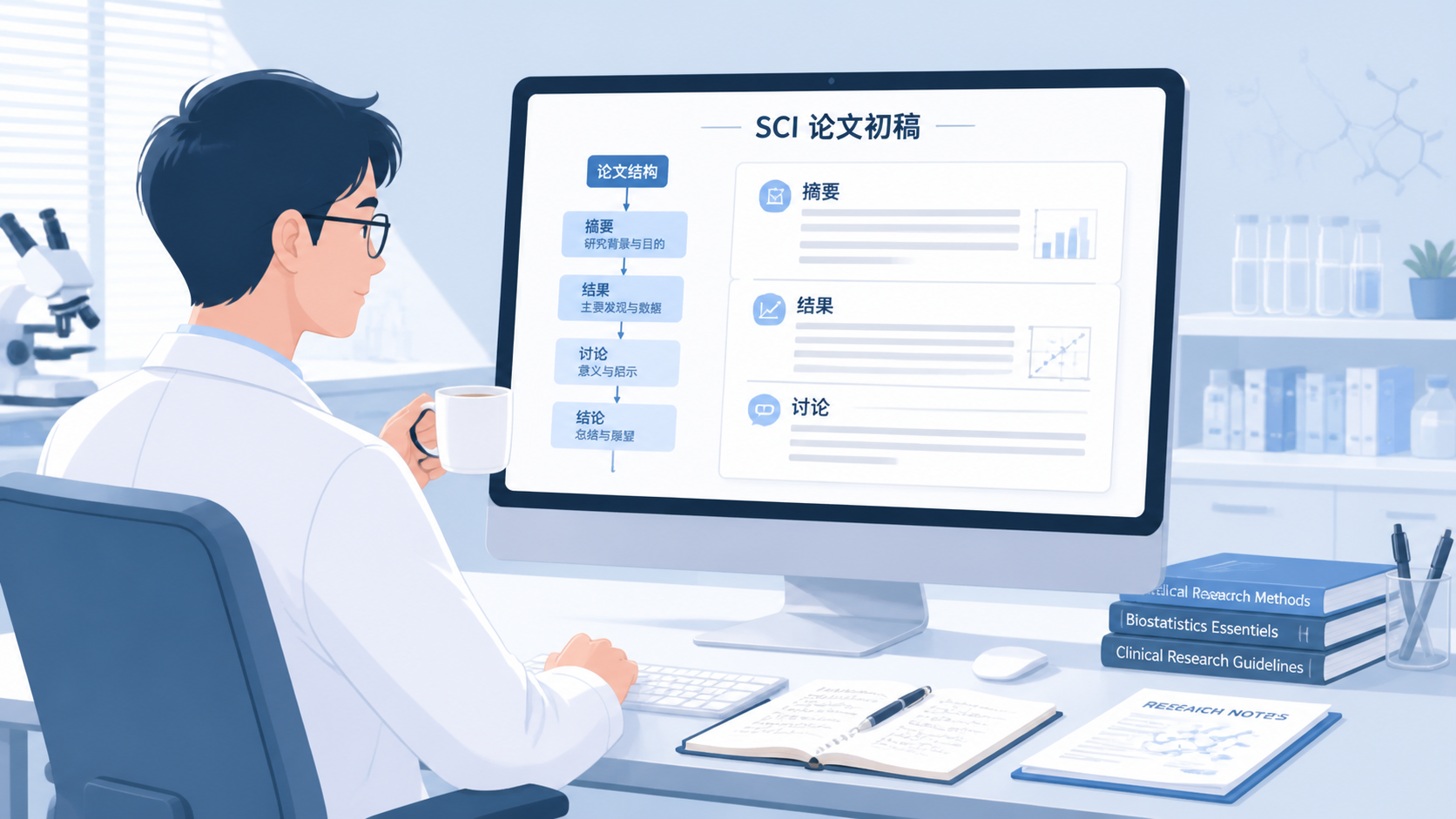 一位科研人员完成SCI论文初稿,屏幕上显示清晰的摘要、结果、讨论结构图。