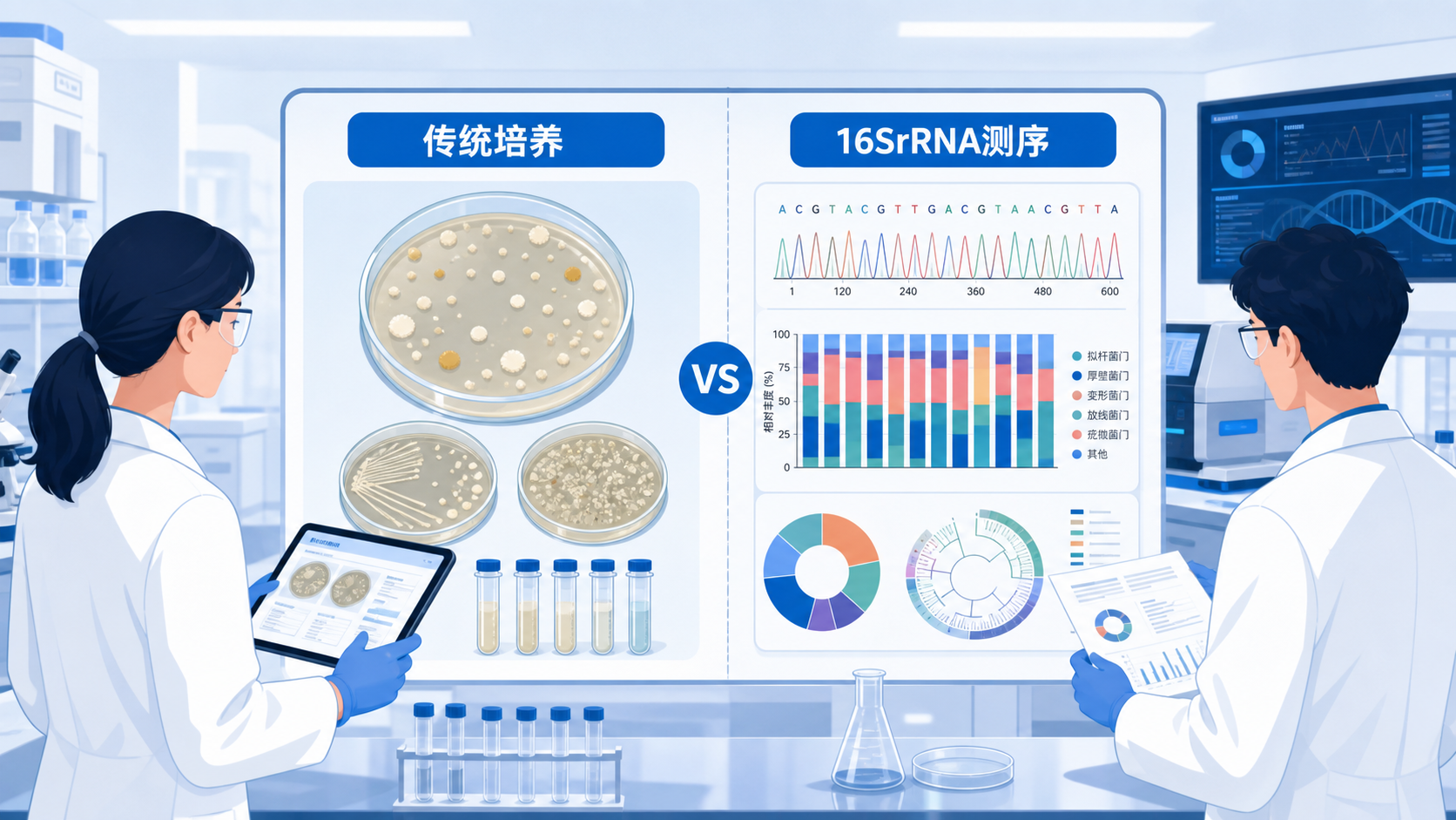 实验室场景中，研究人员在比对菌群测序结果与培养皿图像，突出“传统培养 vs 16SrRNA测序”对比。
