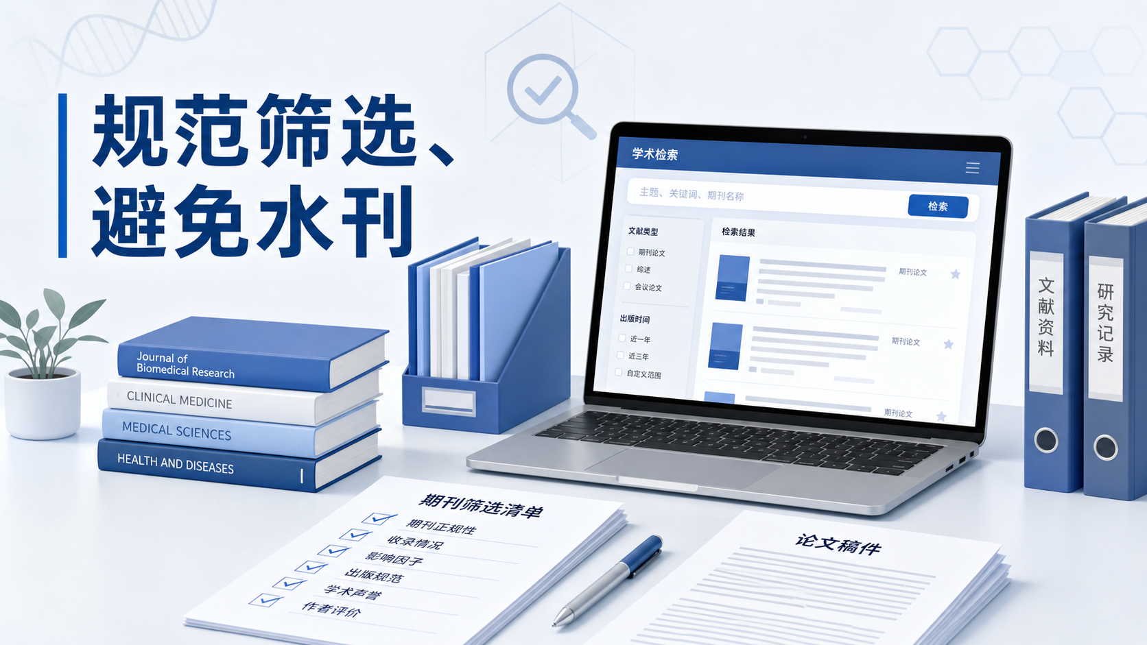 一张简洁的科研工作台场景，桌面上摆放期刊筛选清单、论文稿件和电脑，画面强调“规范筛选、避免水刊、选择专业平台”。