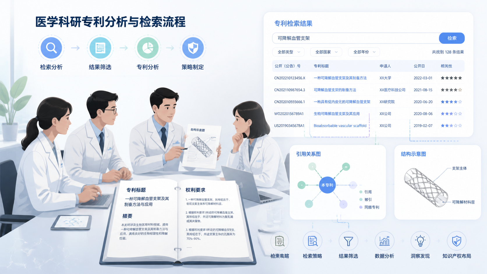 医学专利团队在会议桌前讨论专利标题、摘要和权利要求，旁边展示专利检索结果与结构示意图