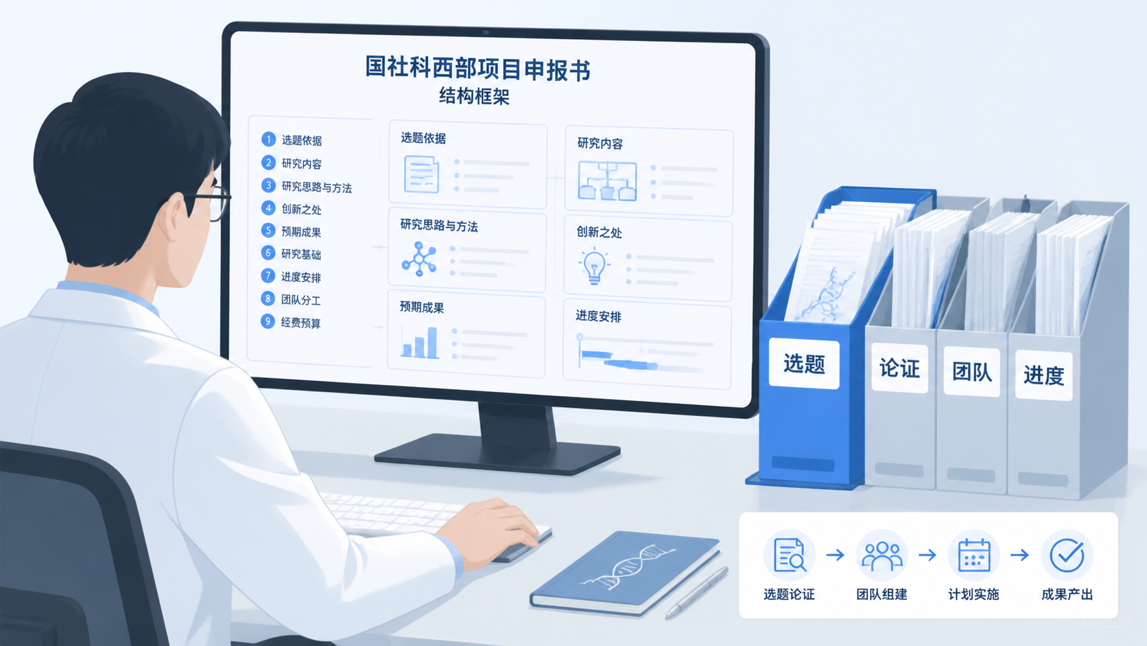 一位科研人员在电脑前整理国社科西部项目申报书结构，旁边有选题、论证、团队、进度等文件夹标签，突出“高分申报”的专业场景
