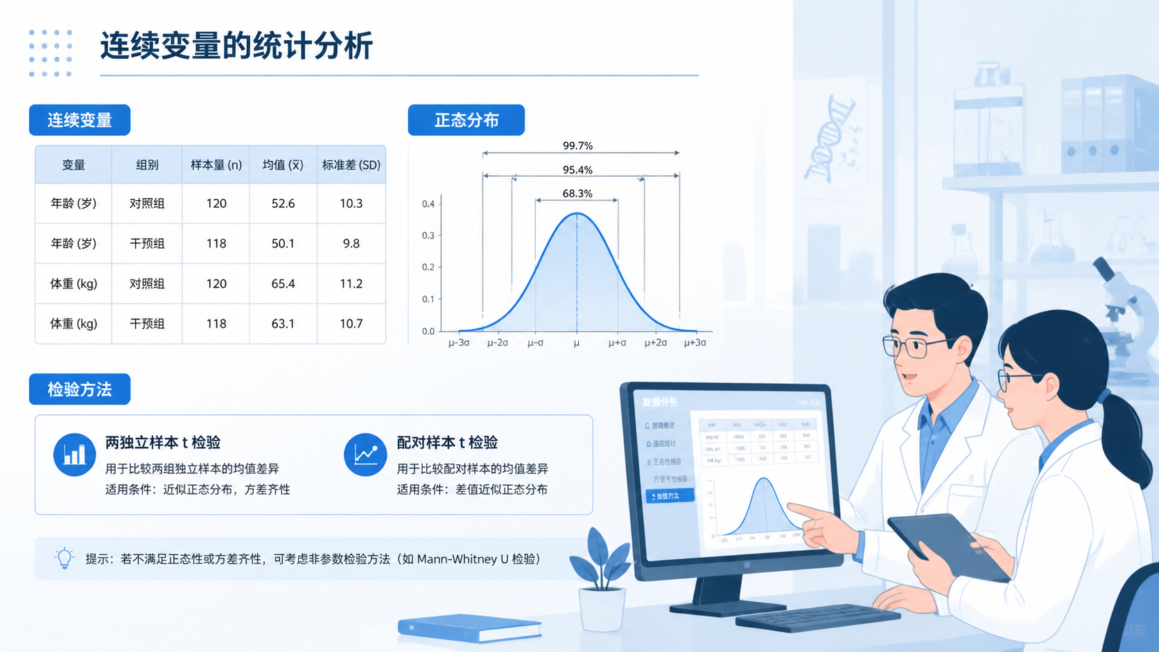 医学统计分析场景图，展示连续变量数据表、正态分布曲线和科研人员在电脑前讨论检验方法。