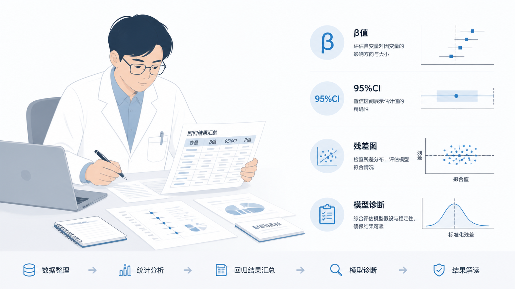 研究者在整理论文结果表，旁边显示“β值、95%CI、残差图、模型诊断”