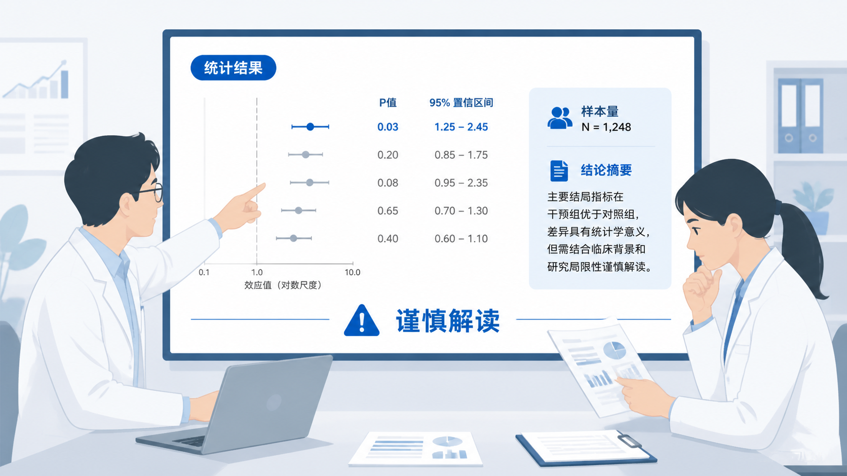 临床研究场景图，屏幕上显示统计结果、P值和研究者讨论数据结论，突出“谨慎解读统计结果”的主题