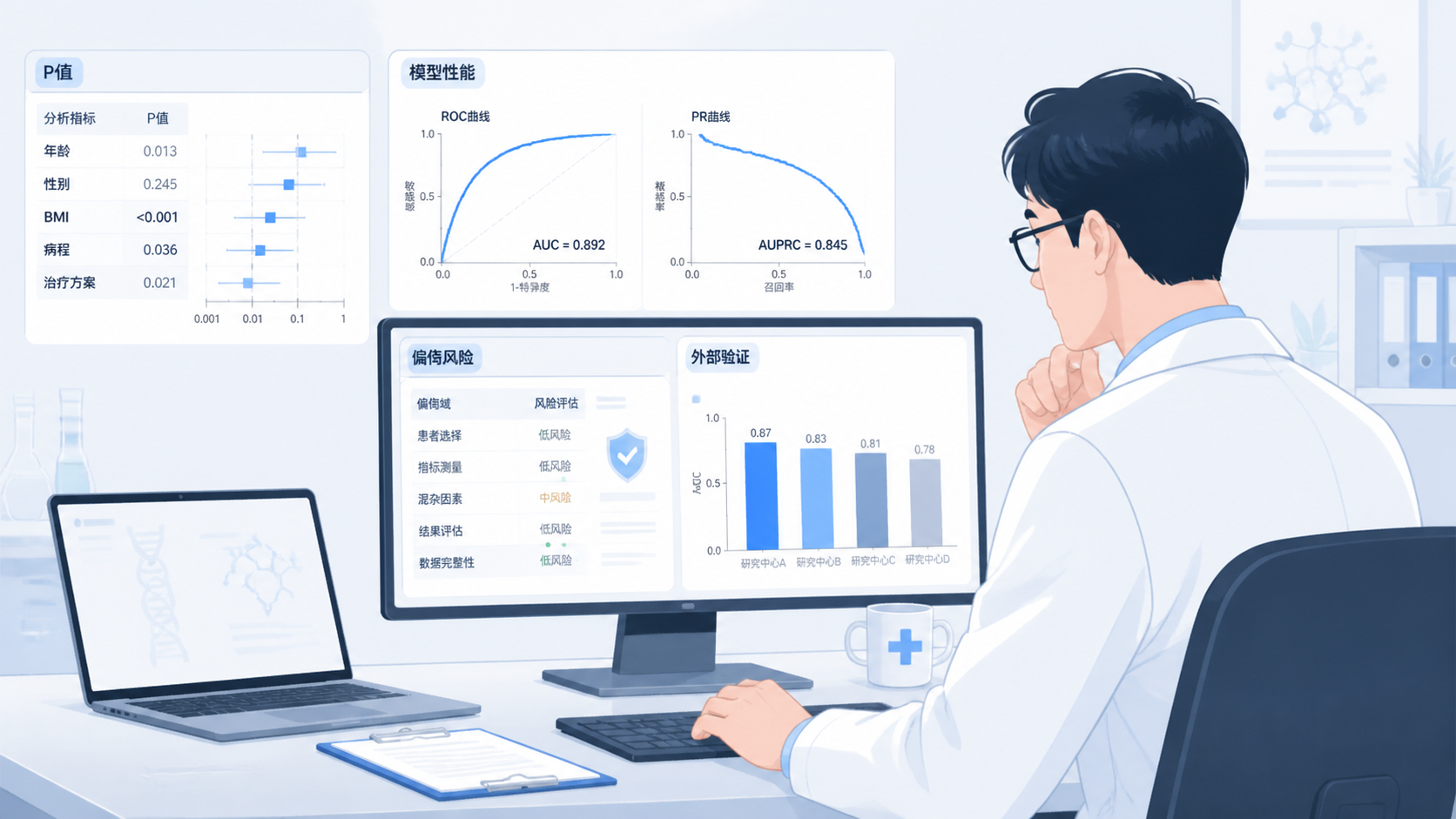 研究者在电脑前同时查看P值、模型性能曲线、偏倚风险评估表和外部验证结果的学术工作场景