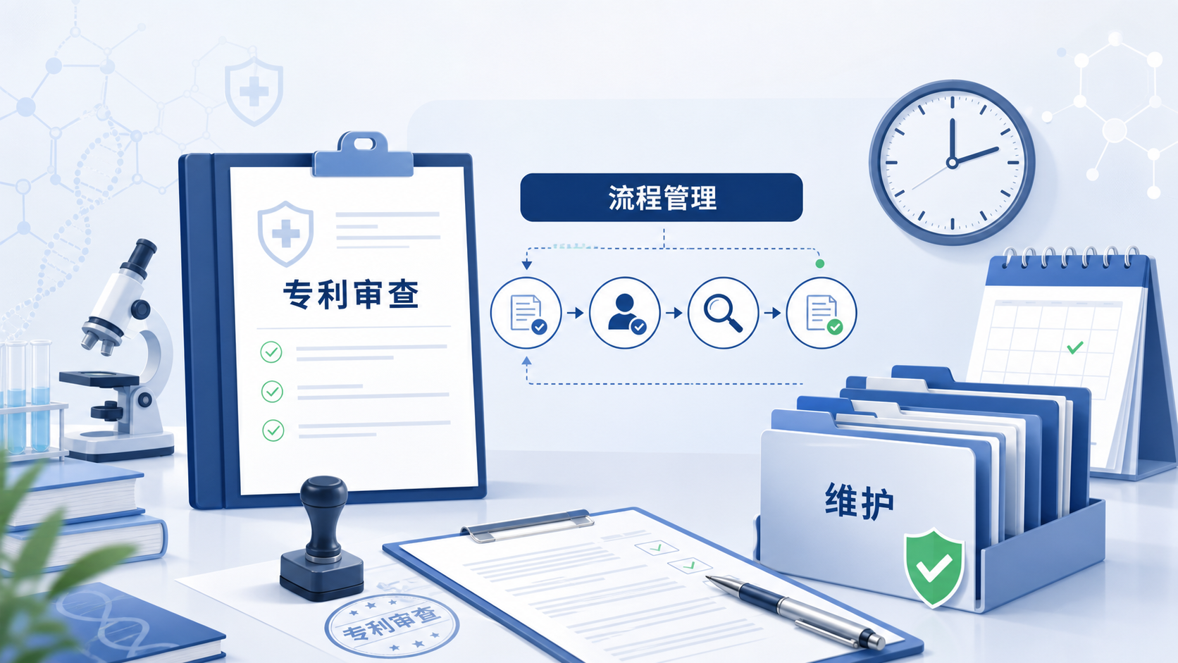 医学专利文件、审查流程、时钟与文件夹组合的专业办公场景,突出“维护”和“流程管理”