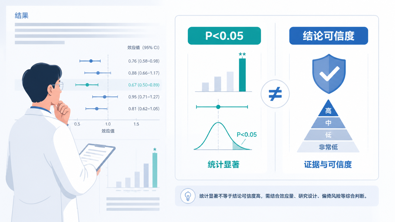 一位研究者在论文结果页前沉思，旁边叠加“P<0.05”与“结论可信度”对比示意图，突出统计显著与真实意义的差别。