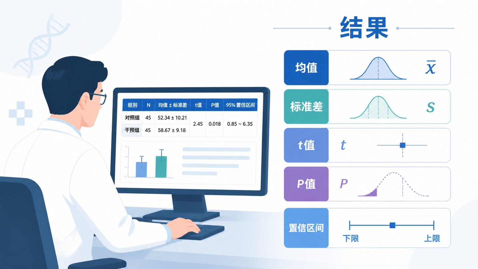 临床科研人员在电脑前查看统计输出表，旁边有均值、标准差、t值、P值和置信区间的示意图，突出“结果解读”的场景。