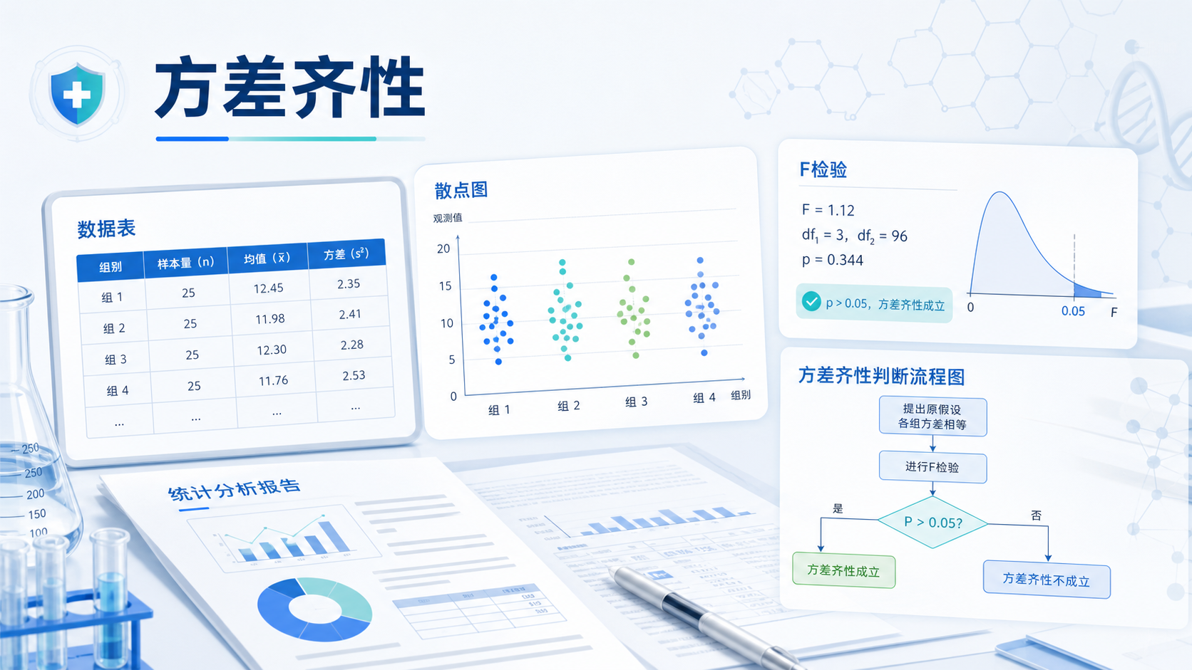 医学统计分析场景，桌面上有数据表、散点图和F检验结果，突出“方差齐性判断”主题