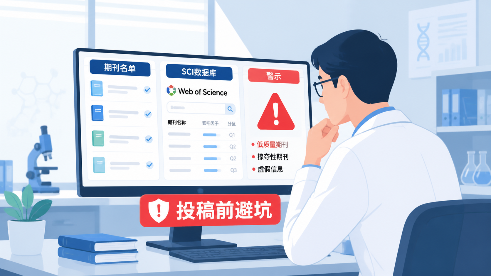 科研人员在电脑前筛选期刊，屏幕上显示期刊名单、SCI数据库和警示标识，突出“投稿前避坑”场景