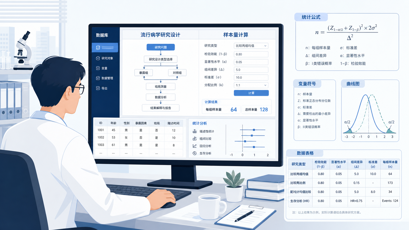 一位研究者在电脑前查看流行病学研究设计和样本量计算表格，旁边有统计公式与数据库界面