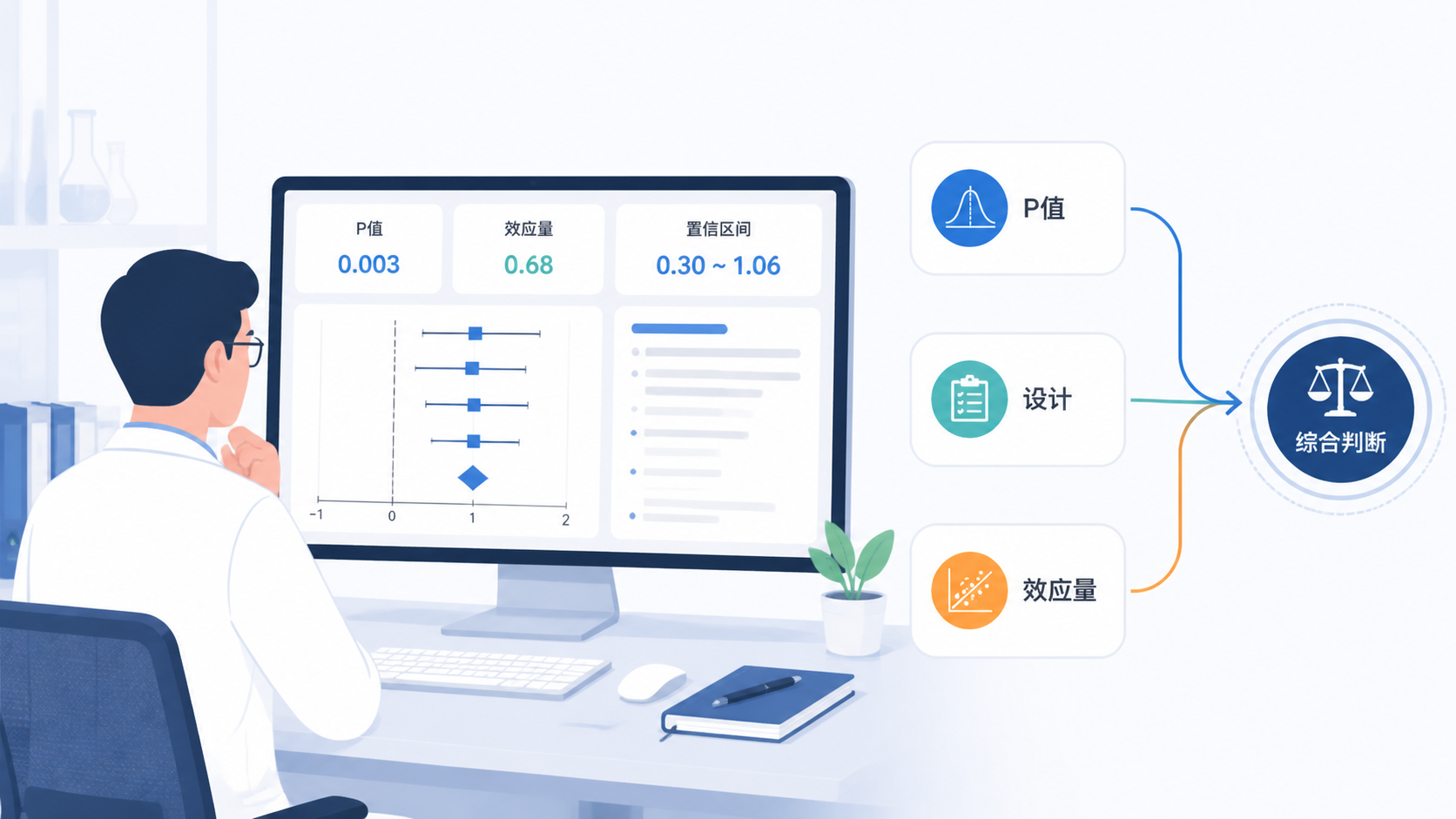 科研人员在电脑前查看统计结果、效应量和置信区间，旁边展示“P值+设计+效应量”综合判断框架
