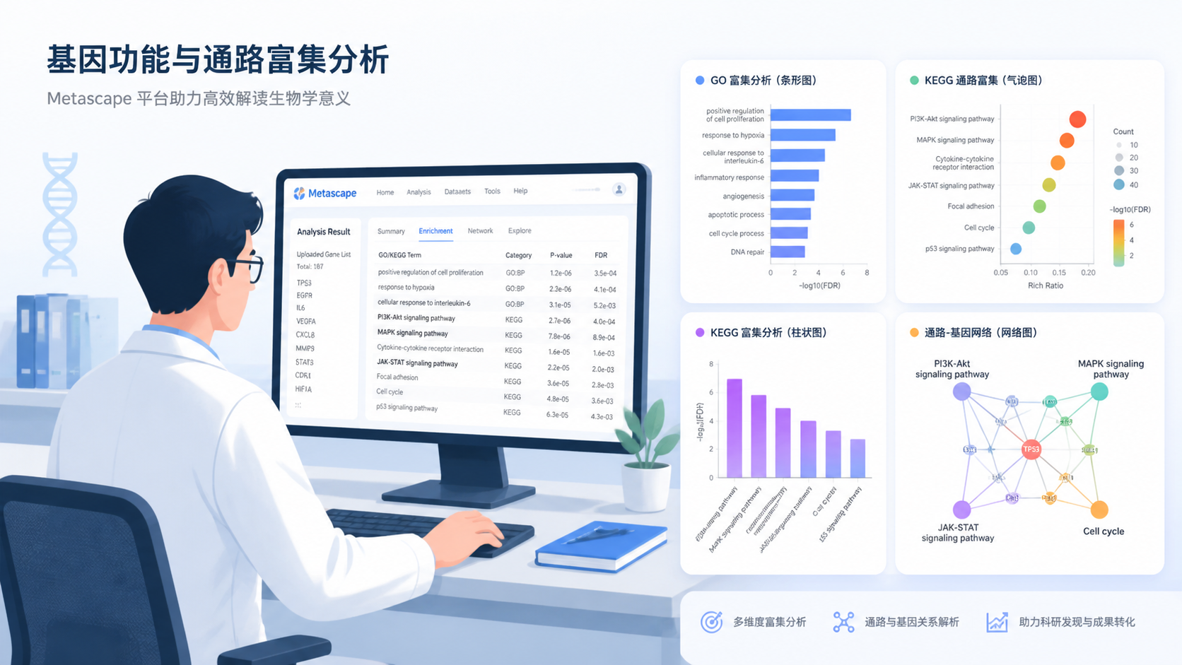 科研人员在电脑前分析基因列表，旁边展示Metascape网页界面和富集分析图表