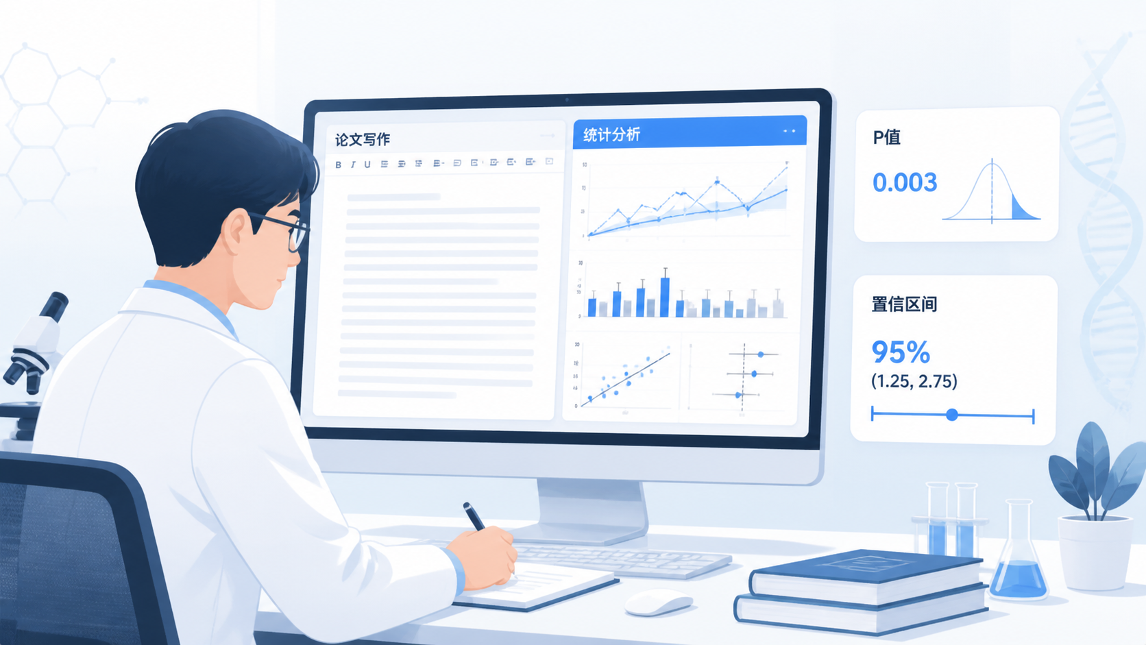 医学科研人员在论文写作和统计分析界面前对照P值、置信区间和图表，画面体现专业、严谨、清晰的科研工作场景。