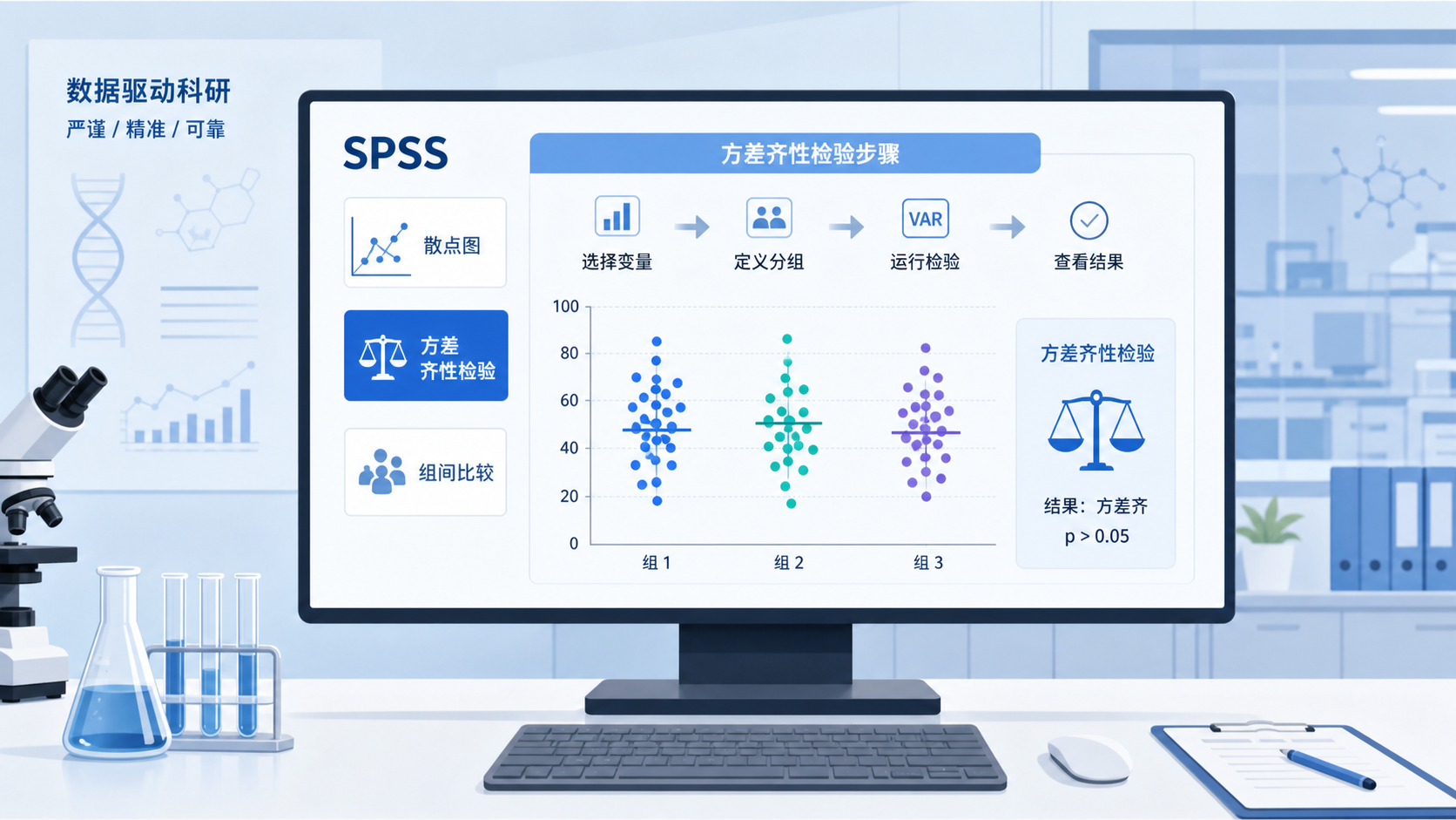 实验室数据分析场景，屏幕显示SPSS界面和组间散点分布图，突出“方差齐性检验步骤”主题