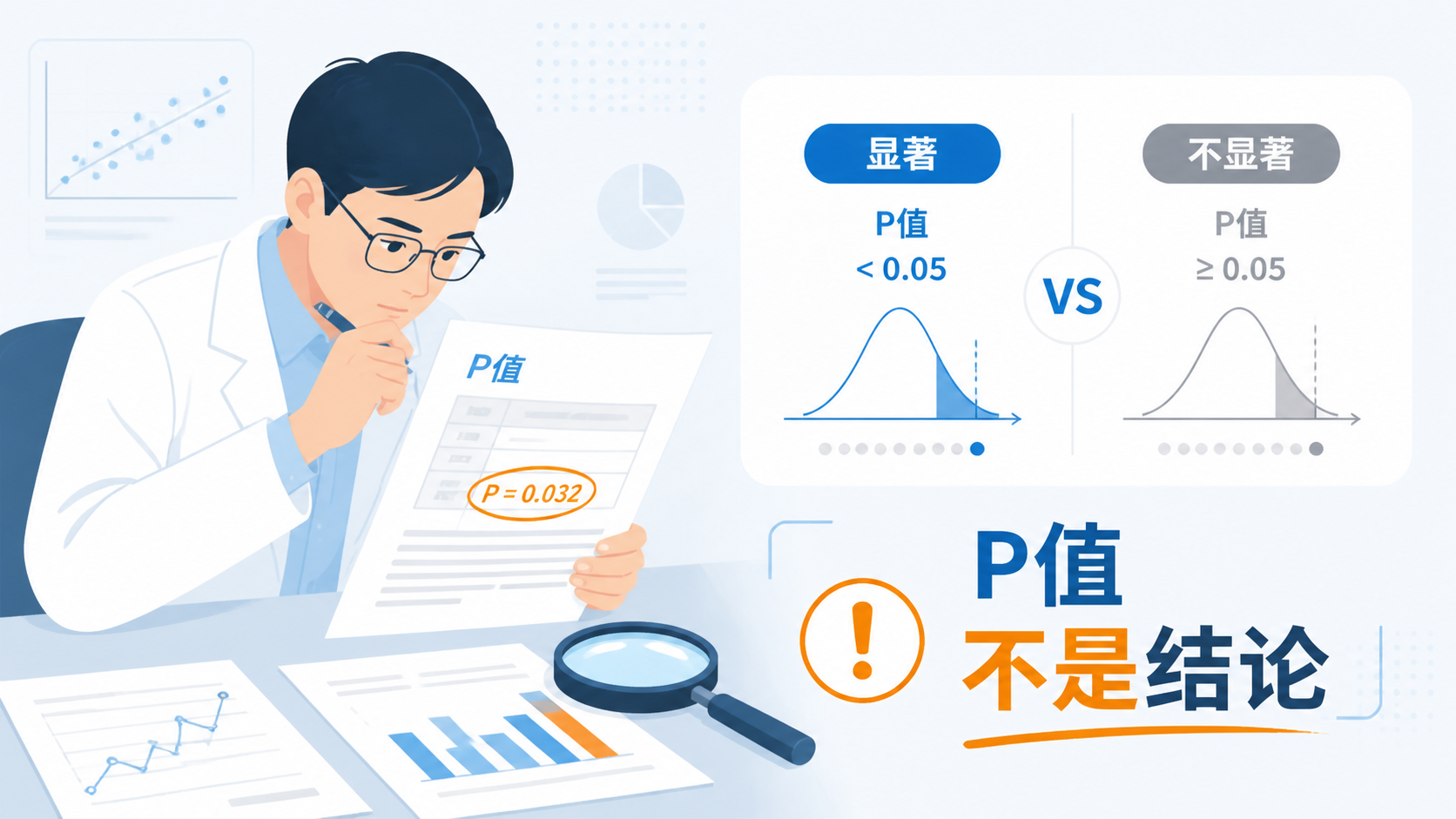 一位研究者盯着论文中的P值结果，旁边有放大镜、统计图表和“显著/不显著”对比标识，突出“P值不是唯一证据”