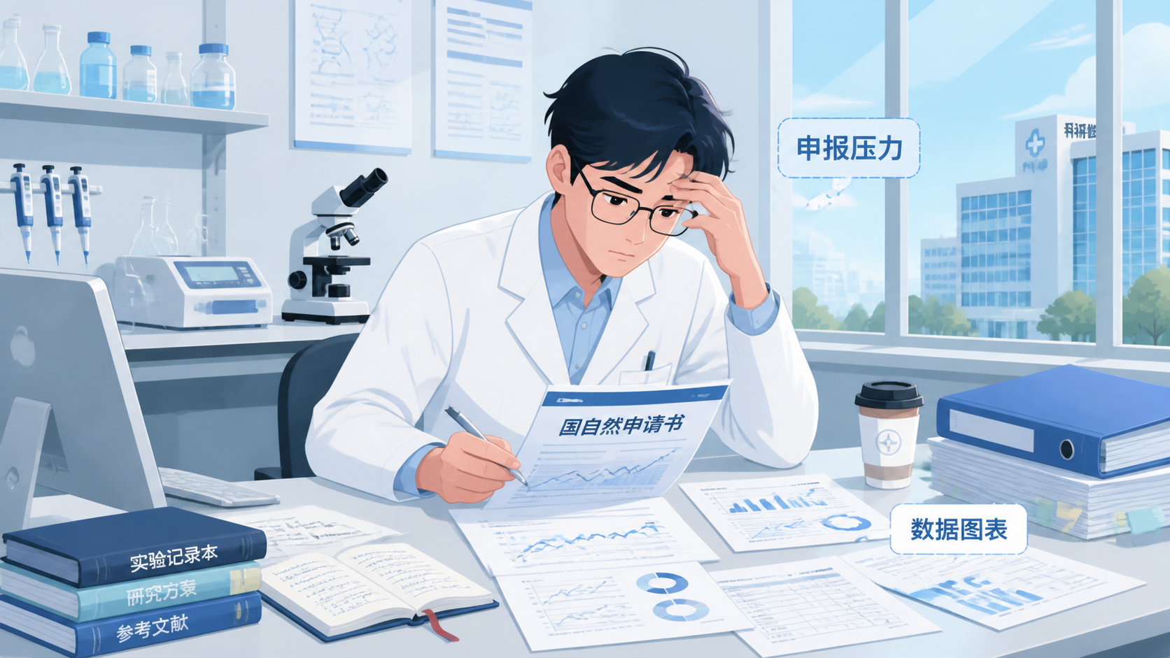 一位青年科研人员在实验室里对着国自然申请书和数据图表思考，背景是医院科研楼或实验台，突出申报压力与竞争氛围。