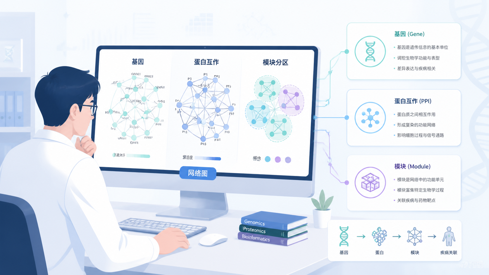 医学生在电脑前查看生信网络图，旁边展示基因、蛋白互作和模块颜色分区示意图。