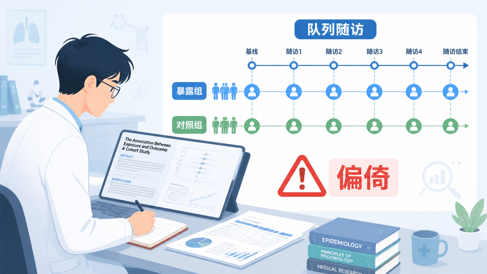医学生在阅读流行病学论文，旁边有队列随访时间轴、暴露组和对照组标记，以及“偏倚”警示图标。