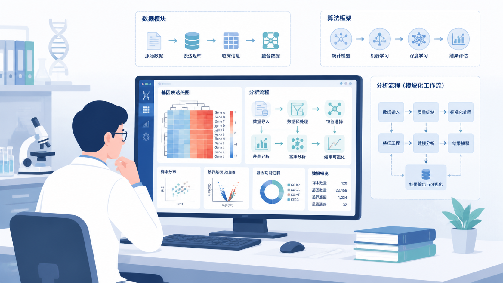 医学科研人员在电脑前查看基因表达热图、流程图和分析模块框架，体现生信算法基础与工作流思维