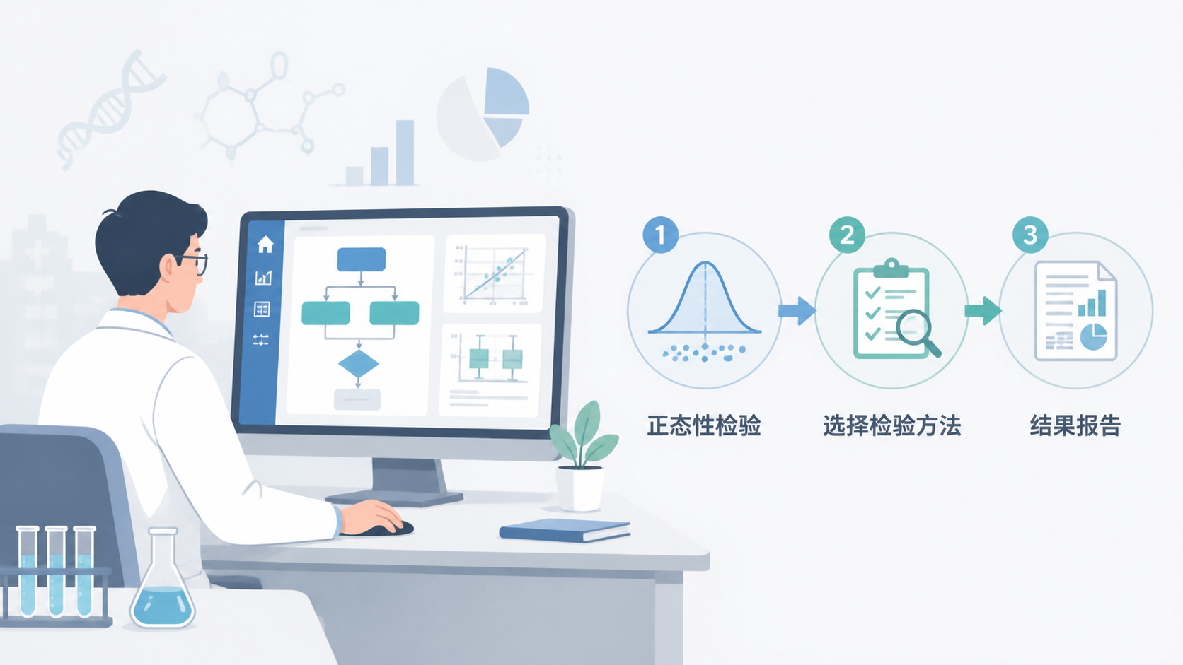 科研人员在电脑前整理统计流程图，旁边展示“正态性检验-选择检验方法-结果报告”的三步流程示意图。