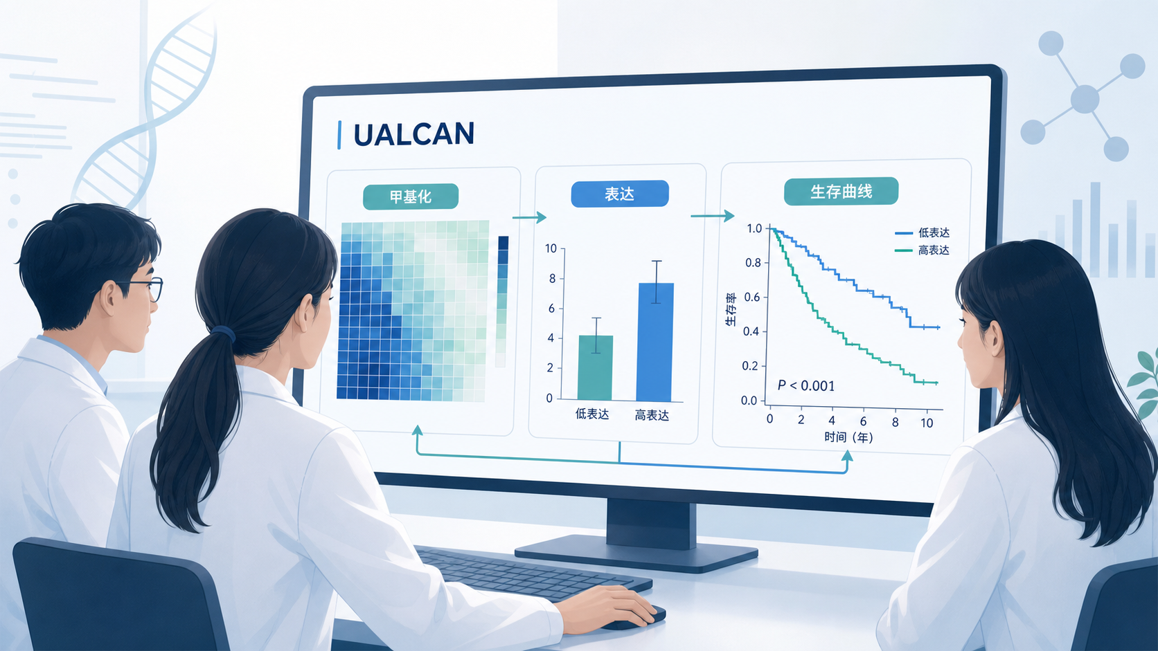 科研人员在电脑前查看UALCAN甲基化结果，并与表达、生存曲线联动分析的学术风格示意图。