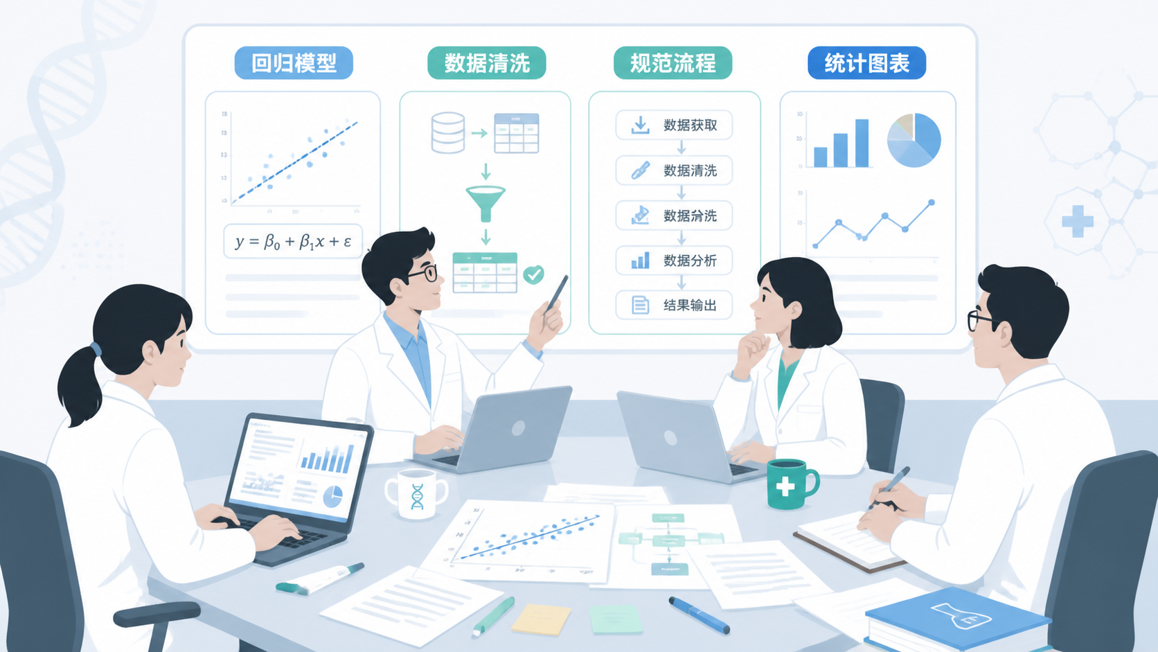 科研团队在会议桌前讨论回归模型与数据清洗流程，画面包含统计图表、笔记本电脑和论文草稿，突出“规范建模提升研究质量”的主题